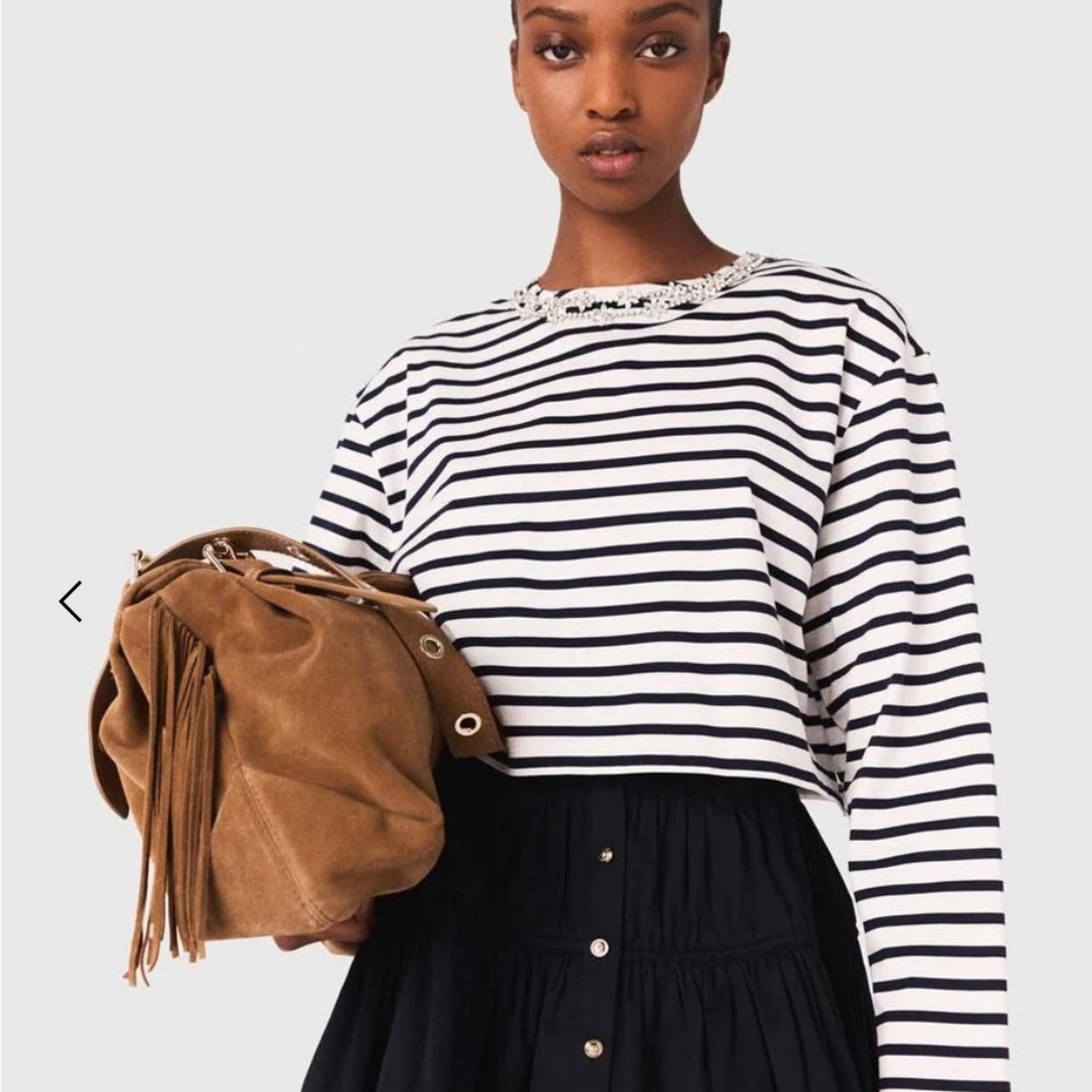 Maje Black and White Striped Long Sleeve Top with Embellished Neckline